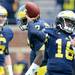 Michigan senior quarterback Denard Robinson throws the ball during warm ups against Northwester an Michigan Stadium on Saturday. Melanie Maxwell I AnnArbor.com